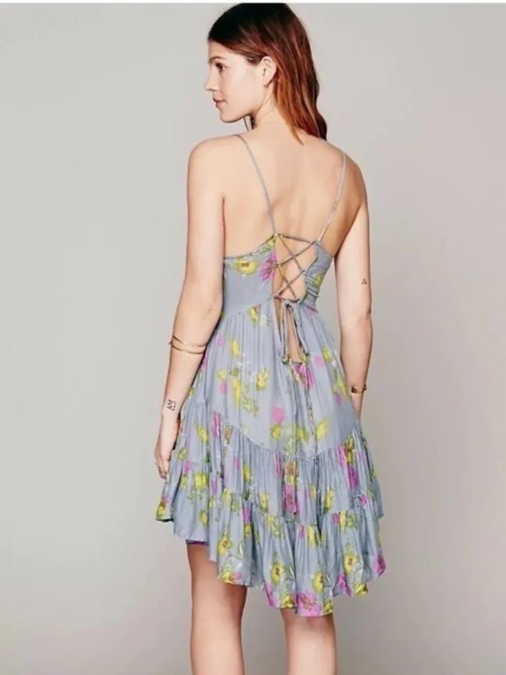 Free People Floral Strappy Lace Up Back Ruffle Hem Mini Dress S| Balletcore Boho - Picture 7 of 16